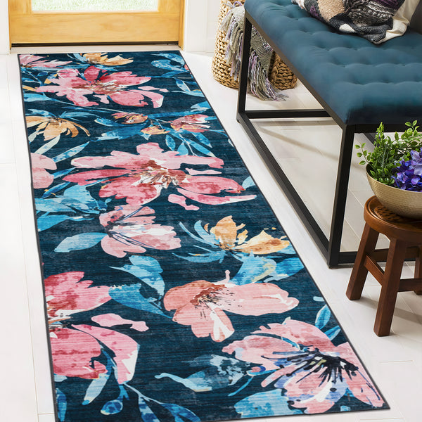 Dark Blue Hallway Runner Non Slip Modern Floor Rugs Floral Washable Mat 80x300cm