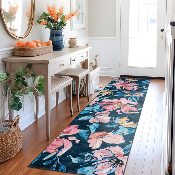 Dark Blue Hallway Runner Non Slip Modern Floor Rugs Floral Washable Mat 80x300cm