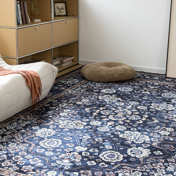Presale Extra Large Floor Rug Stunning Navy Blue Blooming Flowers Plush Non Slip Traditional Retro Lounges Machine Washable Mat