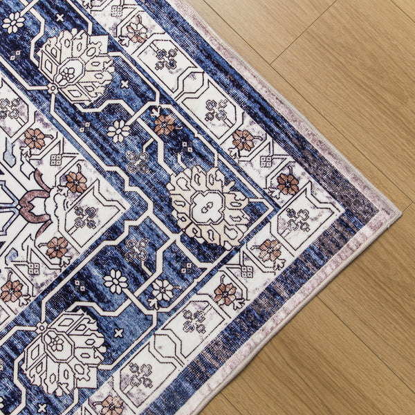 Blue Ivory Hallway Runner Allover Retro Corridor Carpet Easy to Clean Mat 80x300cm