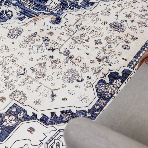 Extra Large Rug Blue Ivory Beautiful Allover Traditional Carpet Machine Washable Mat