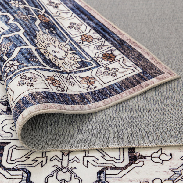 Blue Ivory Hallway Runner Allover Retro Corridor Carpet Easy to Clean Mat 80x300cm
