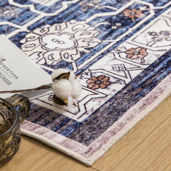 Extra Large Rug Blue Ivory Beautiful Allover Traditional Carpet Machine Washable Mat