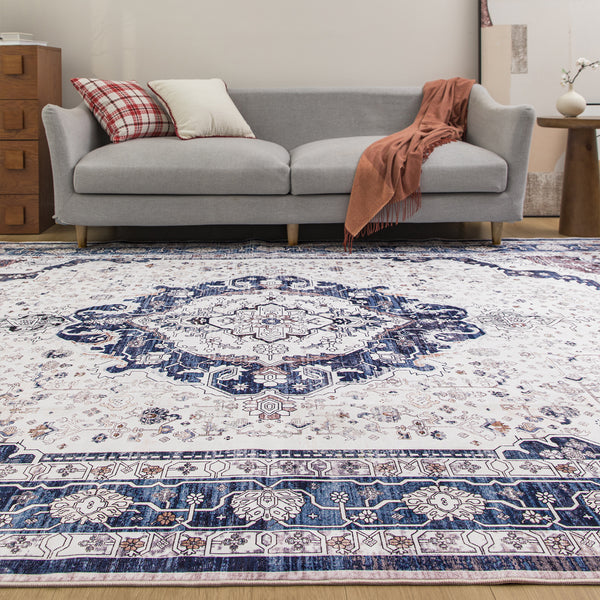 Extra Large Rug Blue Ivory Beautiful Allover Traditional Carpet Machine Washable Mat