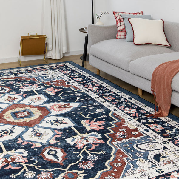 Extra Large Floor Rug Stunning Navy Blue  Allover Plush Non Slip Traditional Vintage Lounges Machine Washable Mat