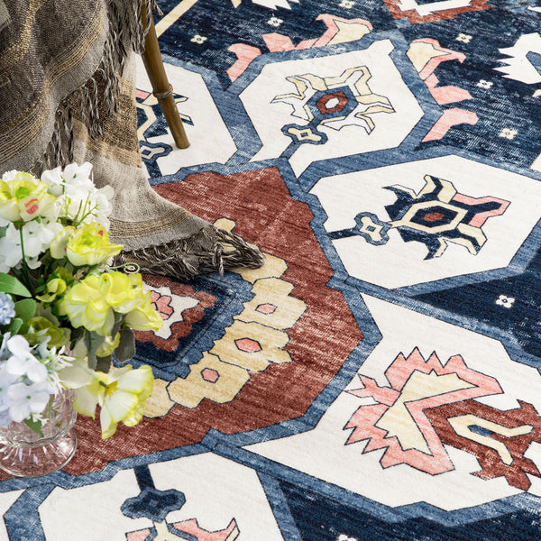 Dark Blue Floor Runner Non Slip Retro Carpet Machine Washable Runner Rug 80x300cm