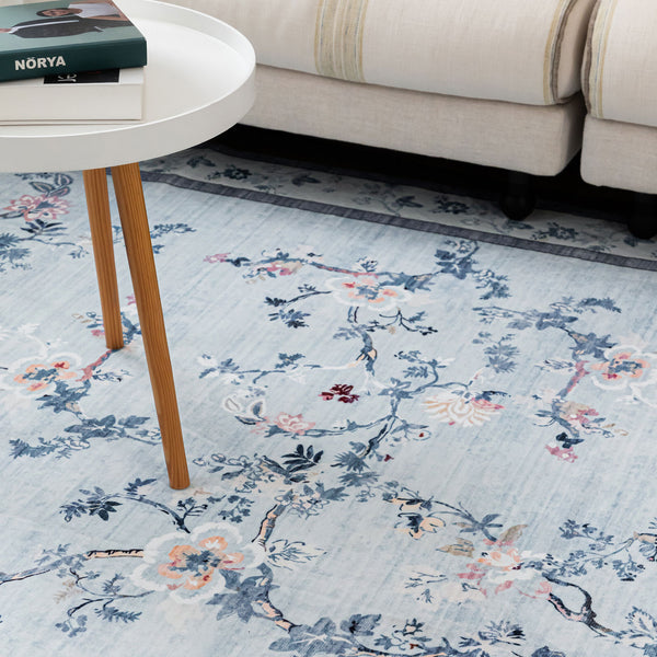 Hallway Runner Floral Rug Pale Blue Allover Vines Distressed Machine Washable Rugs