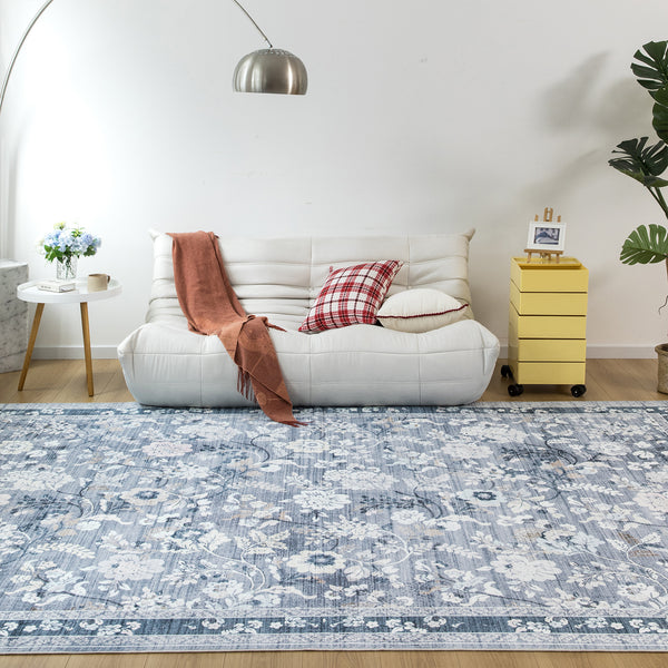 Extra Large Floor Rug Sky Blue Floral Leaves Lounges Carpet Machine Washable Tropical Mat Non Slip Soft Plush Rugs