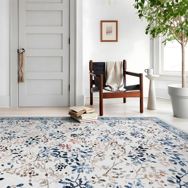 Extra Large Rug Blue Ivory Soft Stunning Hamptons Style Carpet Machine Washable Mat