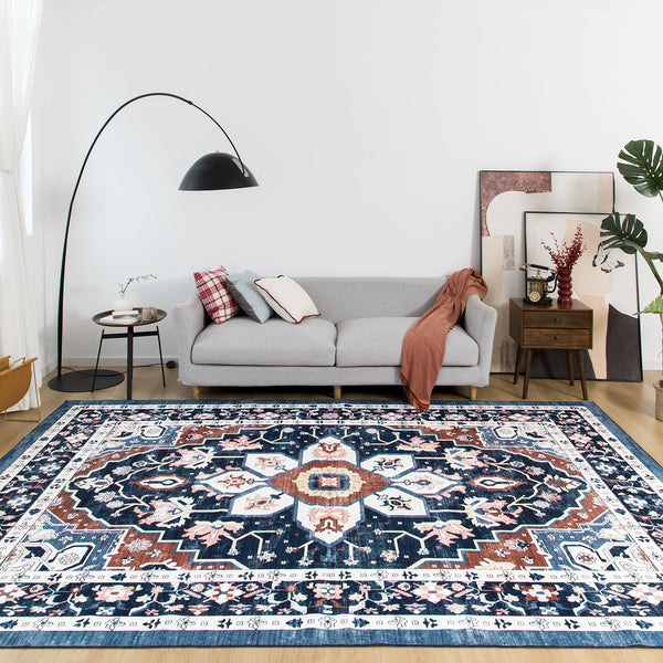 Extra Large Floor Rug Stunning Navy Blue  Allover Plush Non Slip Traditional Vintage Lounges Machine Washable Mat