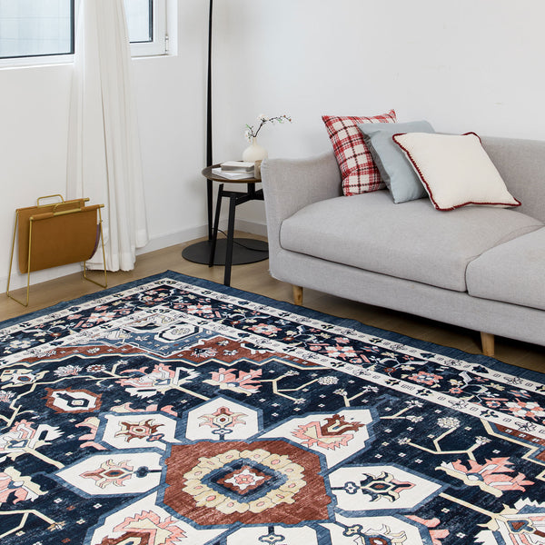 Extra Large Floor Rug Stunning Navy Blue  Allover Plush Non Slip Traditional Vintage Lounges Machine Washable Mat