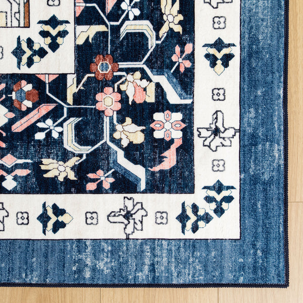 Dark Blue Floor Runner Non Slip Retro Carpet Machine Washable Runner Rug 80x300cm