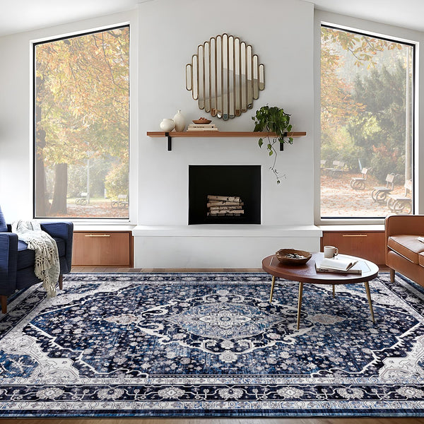 Extra Large Rug Shimmering Navy Blue Blooming Allover Medallion Carpet Machine Washable