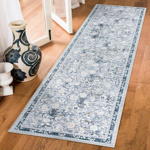 Sky Blue Hallway Runner Non Slip Corridor Rug Soft Allover Leaves Carpet 80x300cm