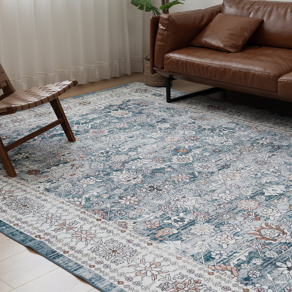 Extra Large Floor Rug Blue Soft Plush Distressed Vintage Retro Carpet Machine Washable Rugs
