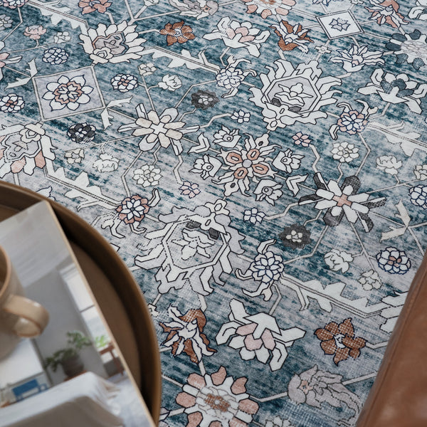 Extra Large Floor Rug Blue Soft Plush Distressed Vintage Retro Carpet Machine Washable Rugs