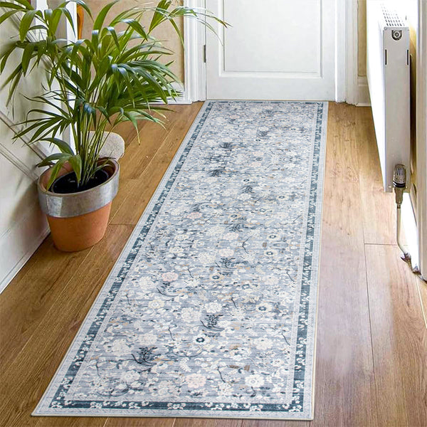 Sky Blue Hallway Runner Non Slip Corridor Rug Soft Allover Leaves Carpet 80x300cm