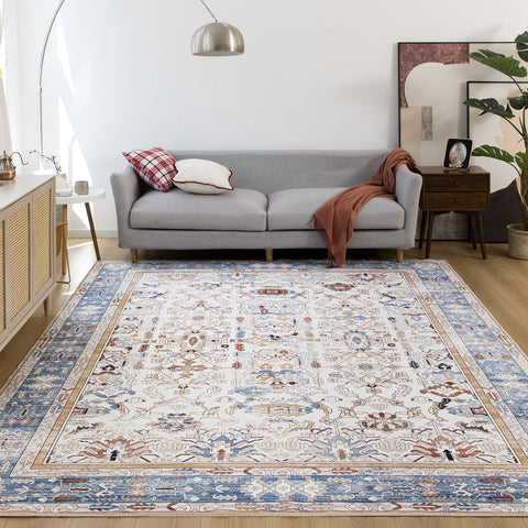 Extra Large Rug Navy Blue Ivory Beautiful Vintage Traditional Carpet Machine Washable