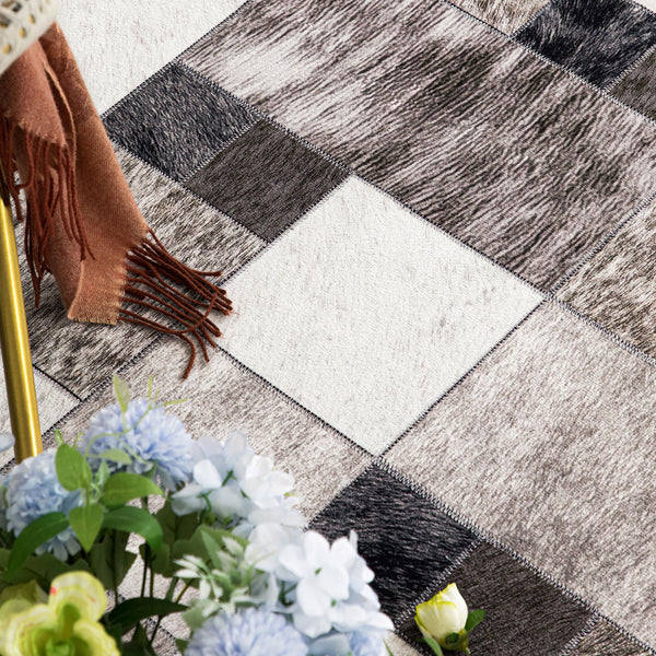Extra Large Faux Cowhide Rug Grey Grid Cow Hide Carpet Patchwork Washable Runner Machine Washable