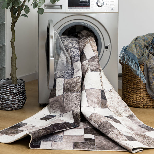 Extra Large Faux Cowhide Rug Grey Grid Cow Hide Carpet Patchwork Washable Runner Machine Washable