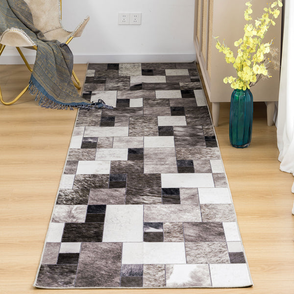 Extra Large Faux Cowhide Rug Grey Grid Cow Hide Carpet Patchwork Washable Runner Machine Washable