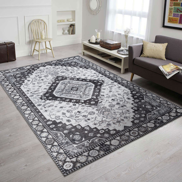 Extra Large Floor Rug Charcoal Black Soft Pluh Traditional Washable Geometric Carpet