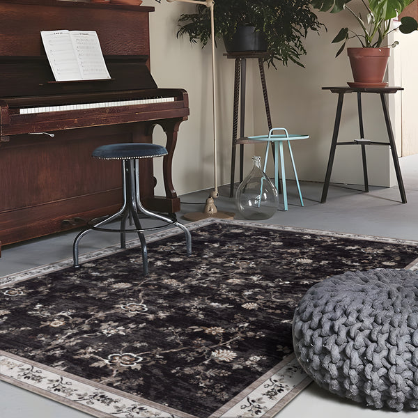 Extra Large Rug Charcoal Black Floral Vines Distressed Carpet Machine Washable Rugs