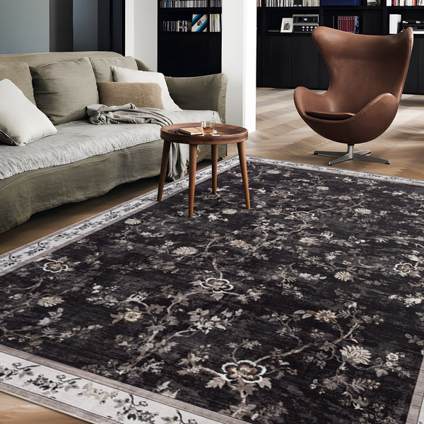 Extra Large Rug Charcoal Black Floral Vines Distressed Carpet Machine Washable Rugs
