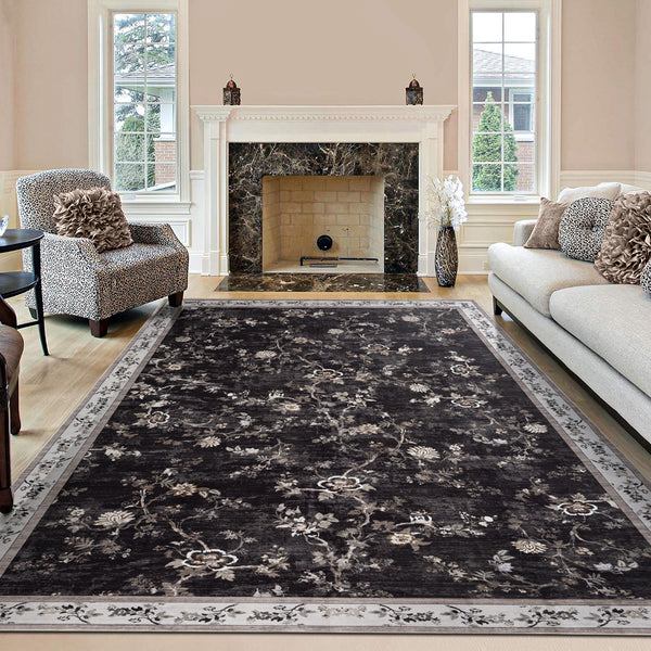 Extra Large Rug Charcoal Black Floral Vines Distressed Carpet Machine Washable Rugs