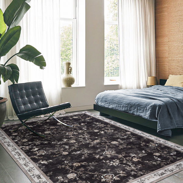 Extra Large Rug Charcoal Black Floral Vines Distressed Carpet Machine Washable Rugs