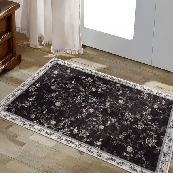 Extra Large Rug Charcoal Black Floral Vines Distressed Carpet Machine Washable Rugs