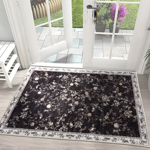 Extra Large Rug Charcoal Black Floral Vines Distressed Carpet Machine Washable Rugs