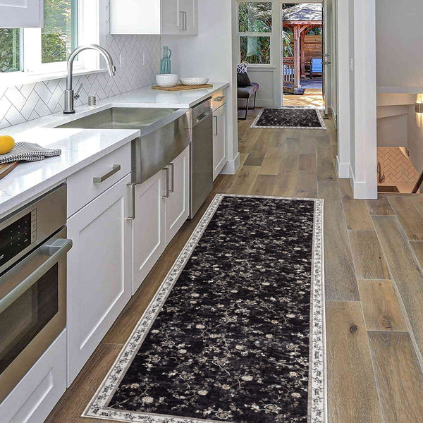 Extra Large Rug Charcoal Black Floral Vines Distressed Carpet Machine Washable Rugs