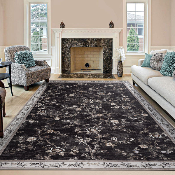 Extra Large Rug Charcoal Black Floral Vines Distressed Carpet Machine Washable Rugs