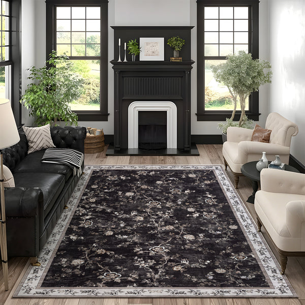 Extra Large Rug Charcoal Black Floral Vines Distressed Carpet Machine Washable Rugs
