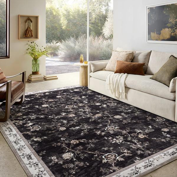 Extra Large Rug Charcoal Black Floral Vines Distressed Carpet Machine Washable Rugs