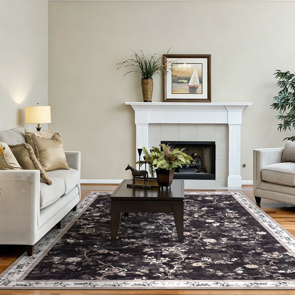 Extra Large Rug Charcoal Black Floral Vines Distressed Carpet Machine Washable Rugs