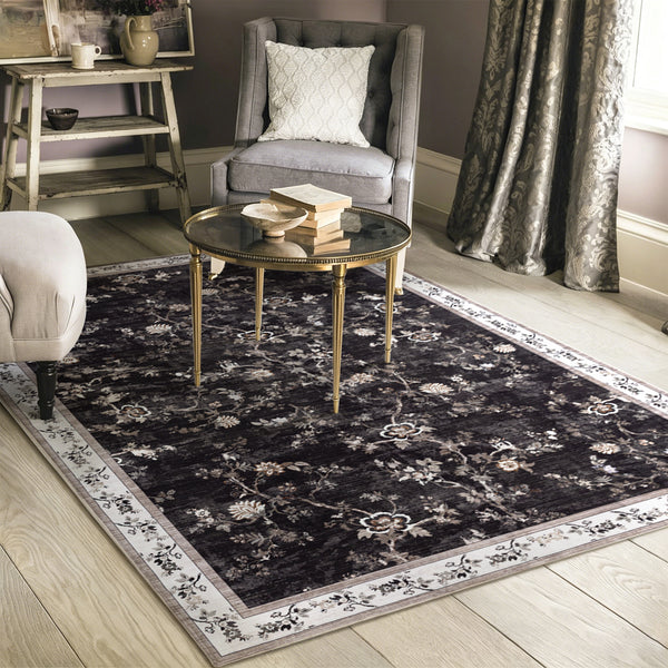 Extra Large Rug Charcoal Black Floral Vines Distressed Carpet Machine Washable Rugs