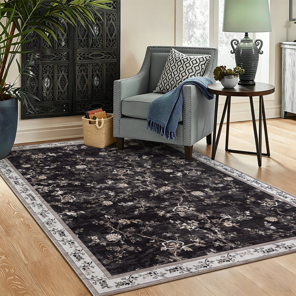Extra Large Rug Charcoal Black Floral Vines Distressed Carpet Machine Washable Rugs