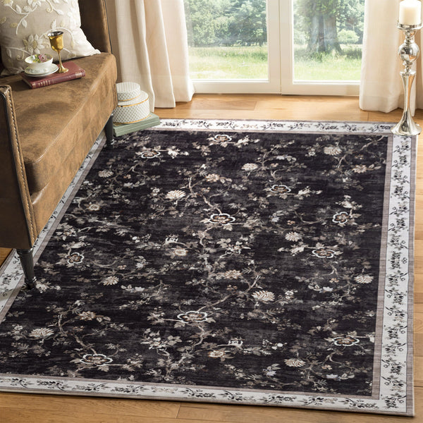 Extra Large Rug Charcoal Black Floral Vines Distressed Carpet Machine Washable Rugs