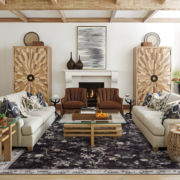 Extra Large Rug Charcoal Black Floral Vines Distressed Carpet Machine Washable Rugs