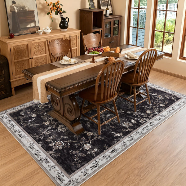 Extra Large Rug Charcoal Black Floral Vines Distressed Carpet Machine Washable Rugs