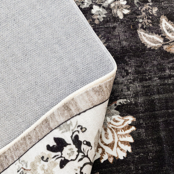 Hallway Runner Charcoal Black Floral Vines Distressed Carpet Machine Washable 80x300cm