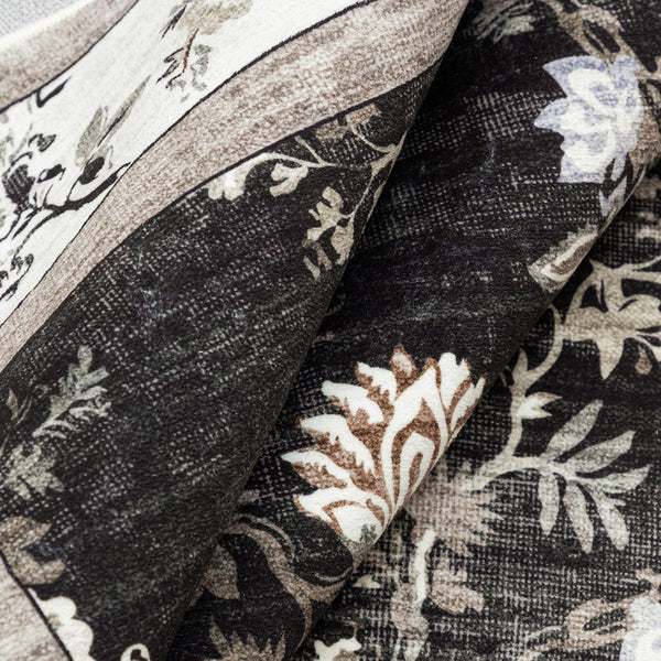 Hallway Runner Charcoal Black Floral Vines Distressed Carpet Machine Washable 80x300cm