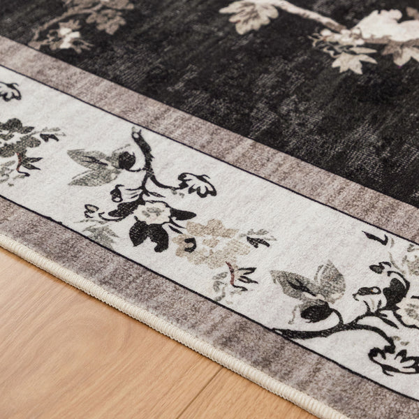 Hallway Runner Charcoal Black Floral Vines Distressed Carpet Machine Washable 80x300cm