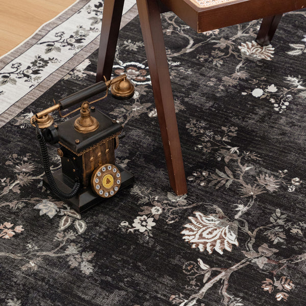 Hallway Runner Charcoal Black Floral Vines Distressed Carpet Machine Washable 80x300cm