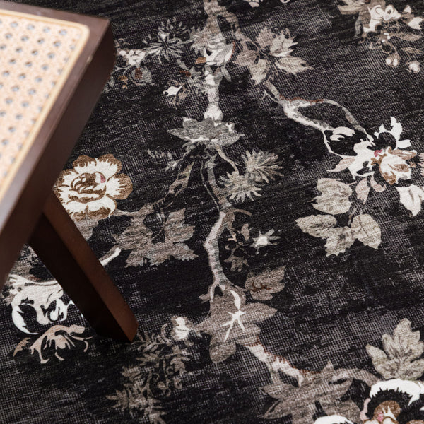 Hallway Runner Charcoal Black Floral Vines Distressed Carpet Machine Washable 80x300cm