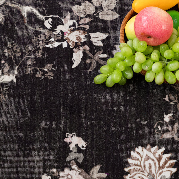 Hallway Runner Charcoal Black Floral Vines Distressed Carpet Machine Washable 80x300cm