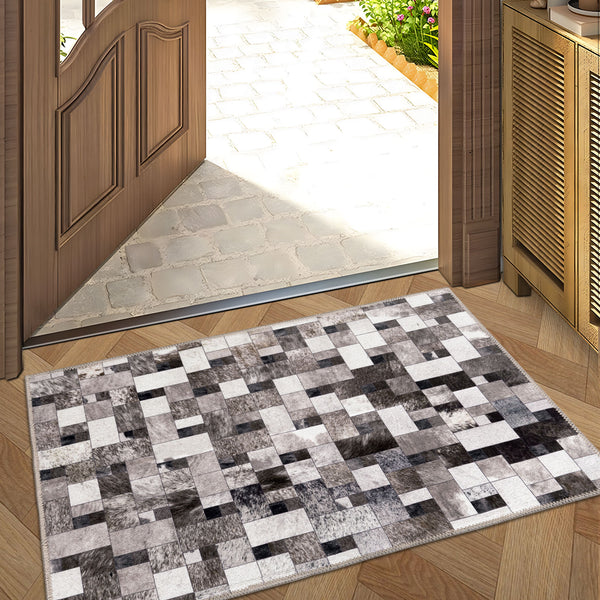 Extra Large Faux Cowhide Rug Grey Grid Cow Hide Carpet Patchwork Washable Runner Machine Washable