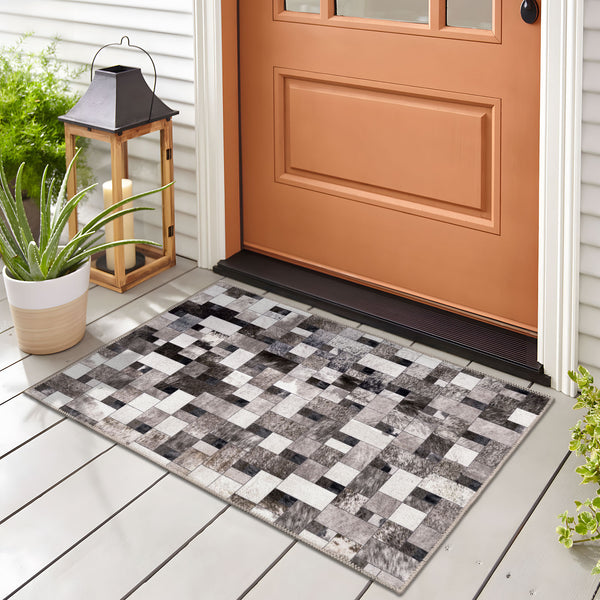 Extra Large Faux Cowhide Rug Grey Grid Cow Hide Carpet Patchwork Washable Runner Machine Washable